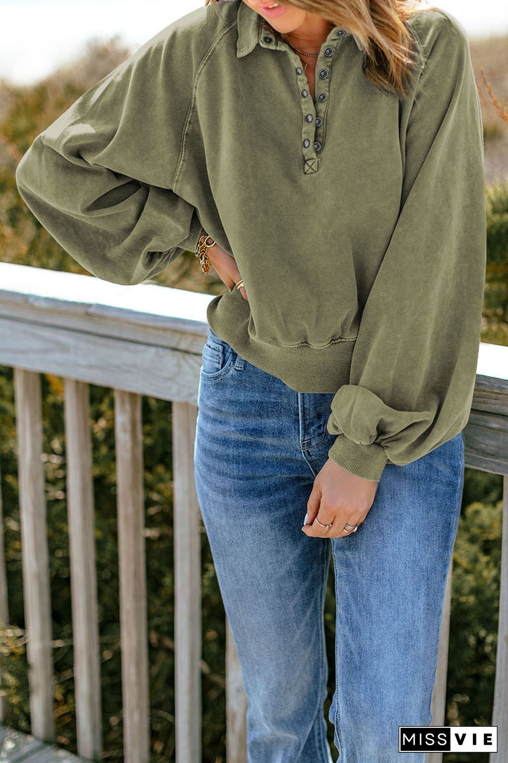 Green Washed Snap Buttons Lantern Sleeve Pullover Sweatshirt