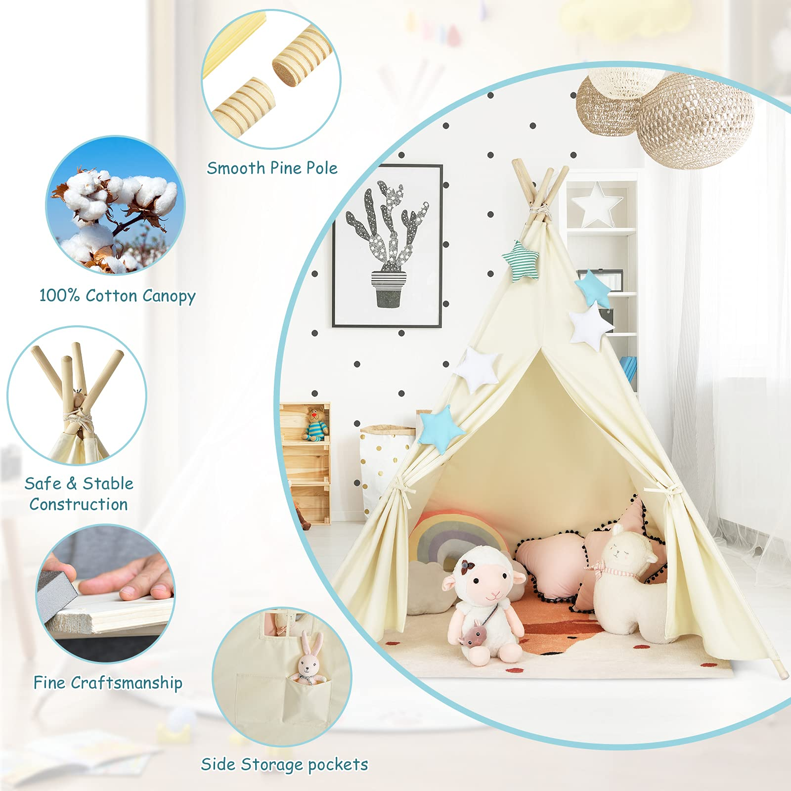 Costzon Teepee Tent for Kids, Foldable Play Tent with Unique Reinforcement Part, Kids Tent