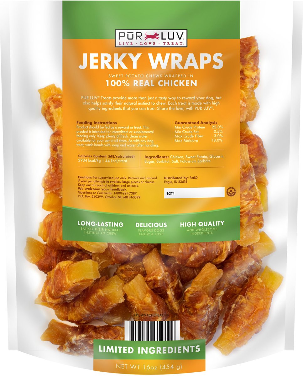 Pur Luv Sweet Potato Chews Jerky Wraps Dog Treats， 16-oz bag