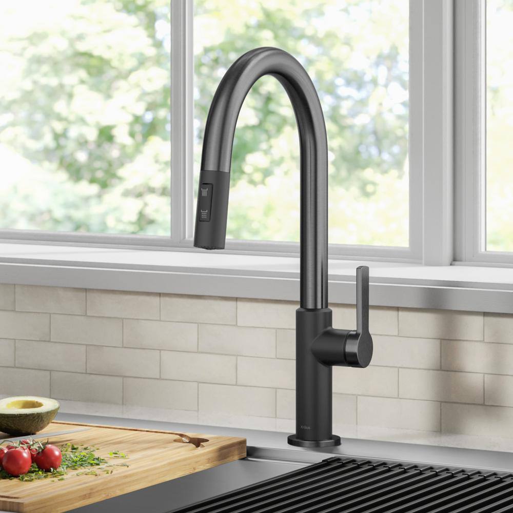 KRAUS Oletto Single Handle Pull-Down Kitchen Faucet in Matte BlackSpot Free Black Stainless Steel KPF-2820MBSFSB