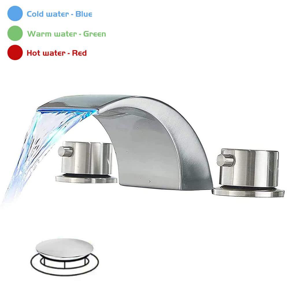 BWE 8 in Widespread 2Handle Bathroom Faucet With Led Light And Pop Up Drain in Brushed Nickel