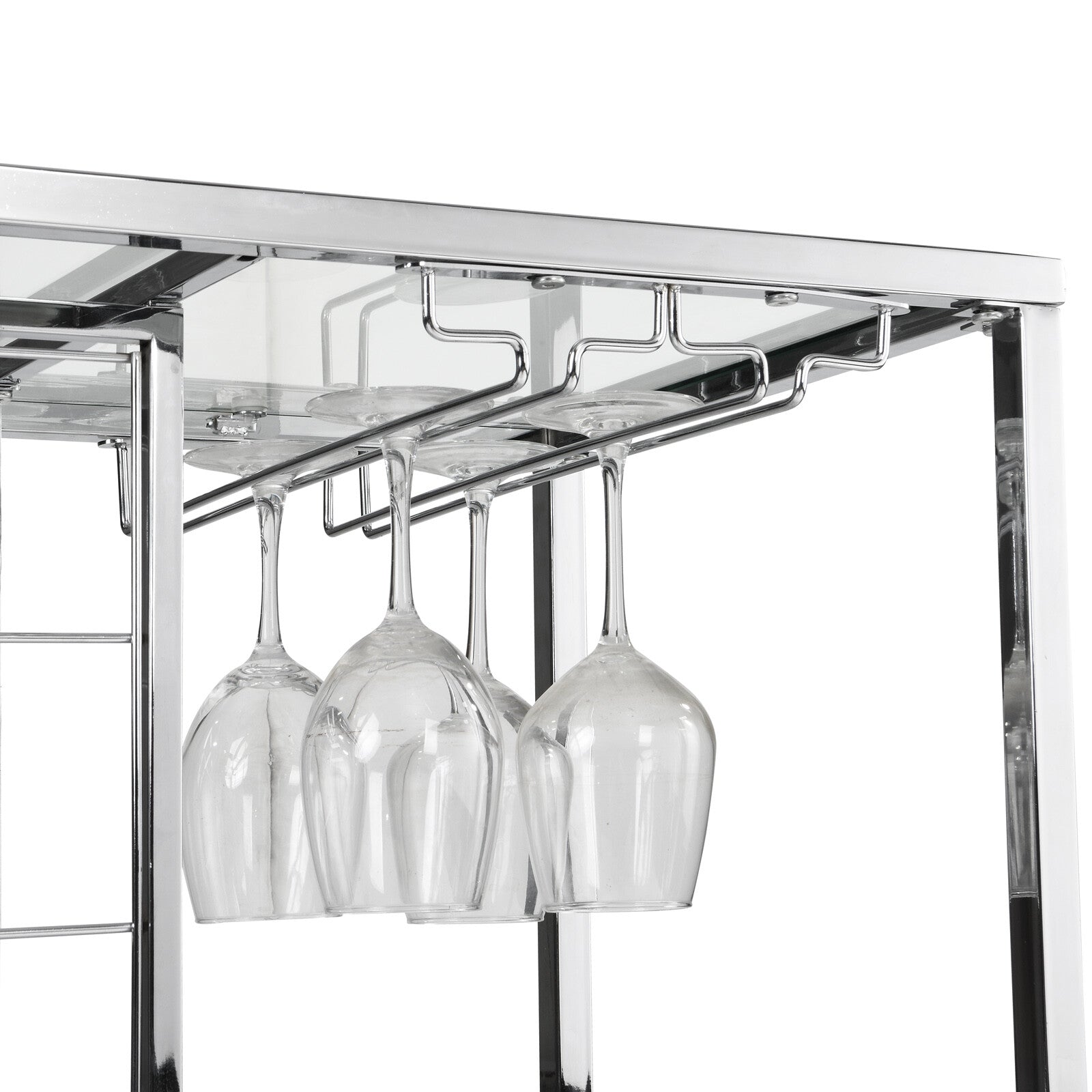 OVERDRIVE Bar Cart Kitchen Serving Cart with Glass Holder and Wine Rack， 3-Tier Kitchen Trolley with Tempered Glass Shelves Chrome