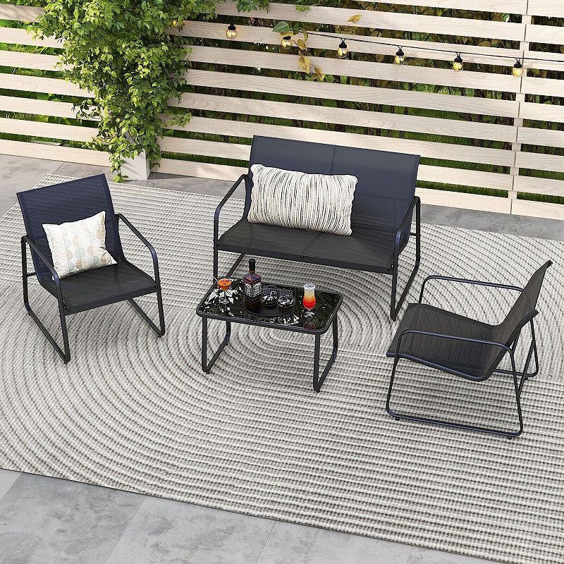 4 Pieces Outdoor Conversation Set with Tempered Glass Coffee Table-Black