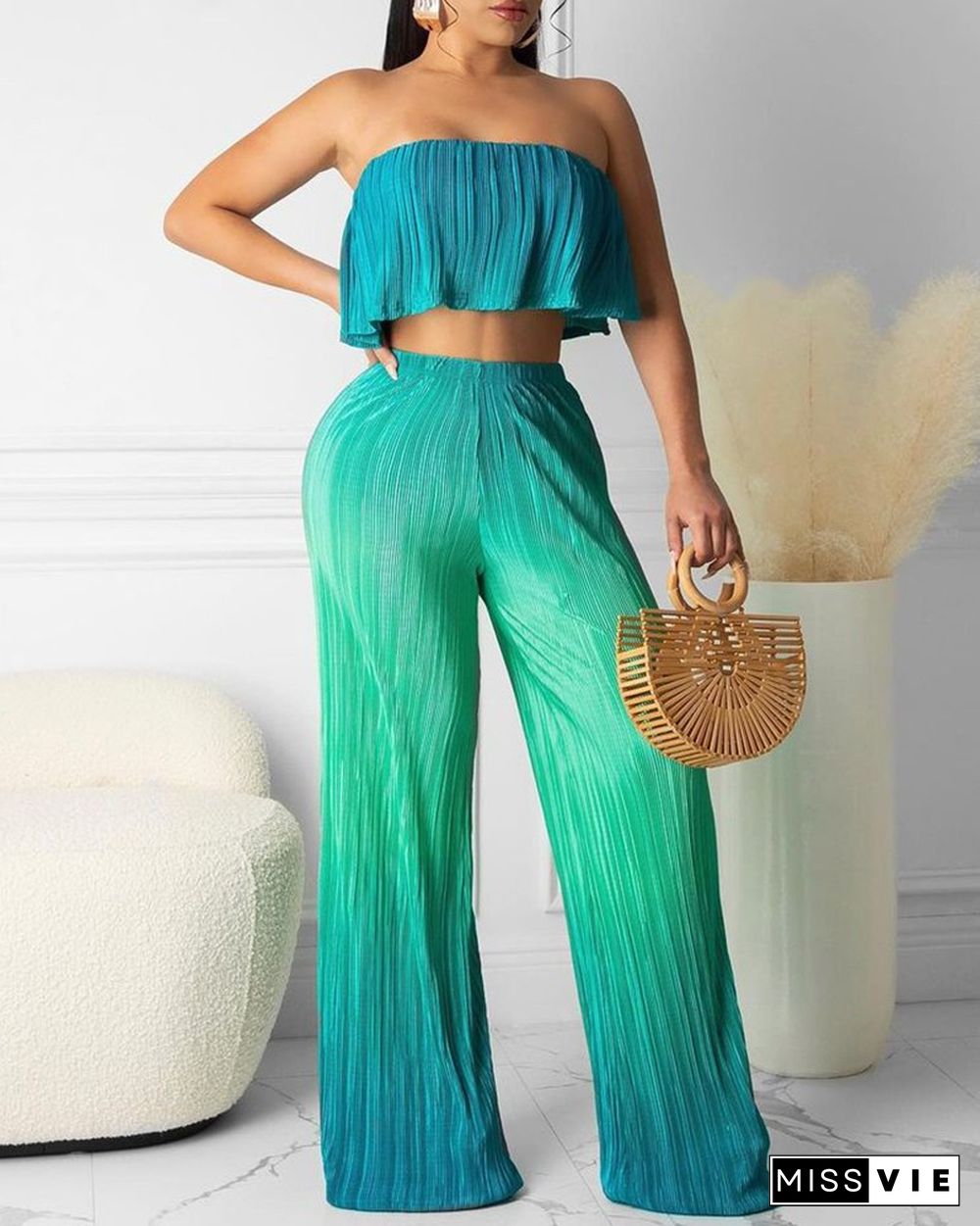 Ombre Colorblock Bandeau Crop Top & Pants Set