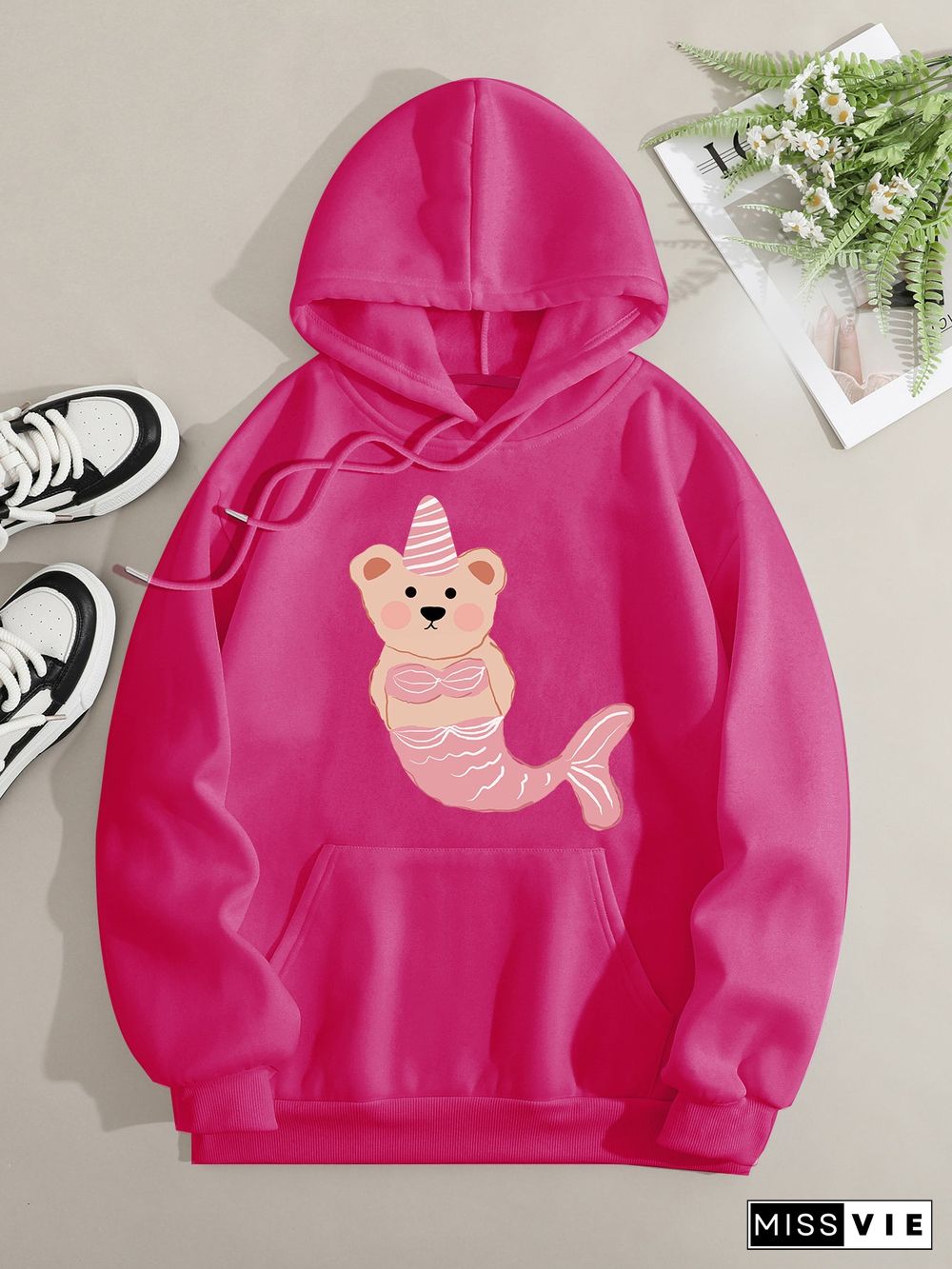 Printed on front Kangaroo Pocket Hoodie Long Sleeve for Women Pattern Mermaid Bear