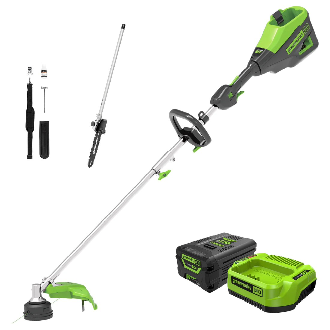 60V 16'' String Trimmer  10-Inch Polesaw Attachment Combo Kit w/ Battery，  Charger | Greenworks Tools