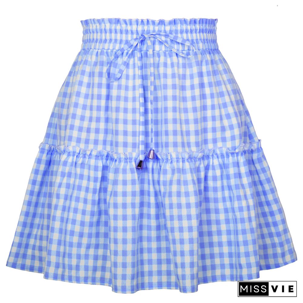 Casual Skirts Women Summer Skirt New Smocked Elastic Waist Lace-up Vintage Plaid Print Mini Skirt For Office Lady