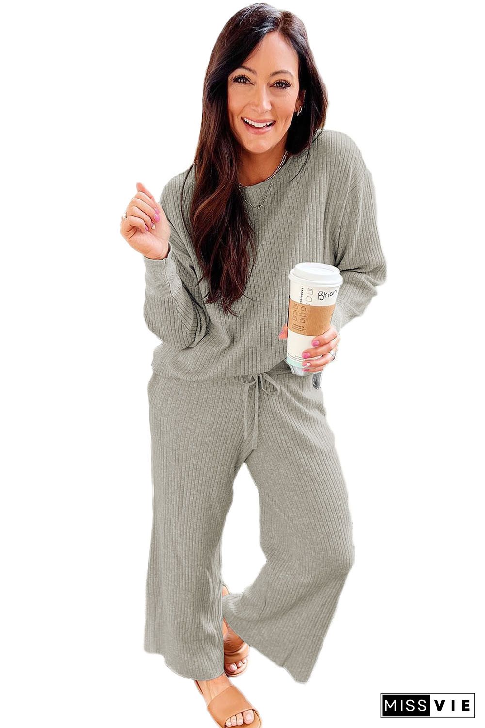 Gray Ribbed Drop Shoulder Pullover and Pants Lounge Set