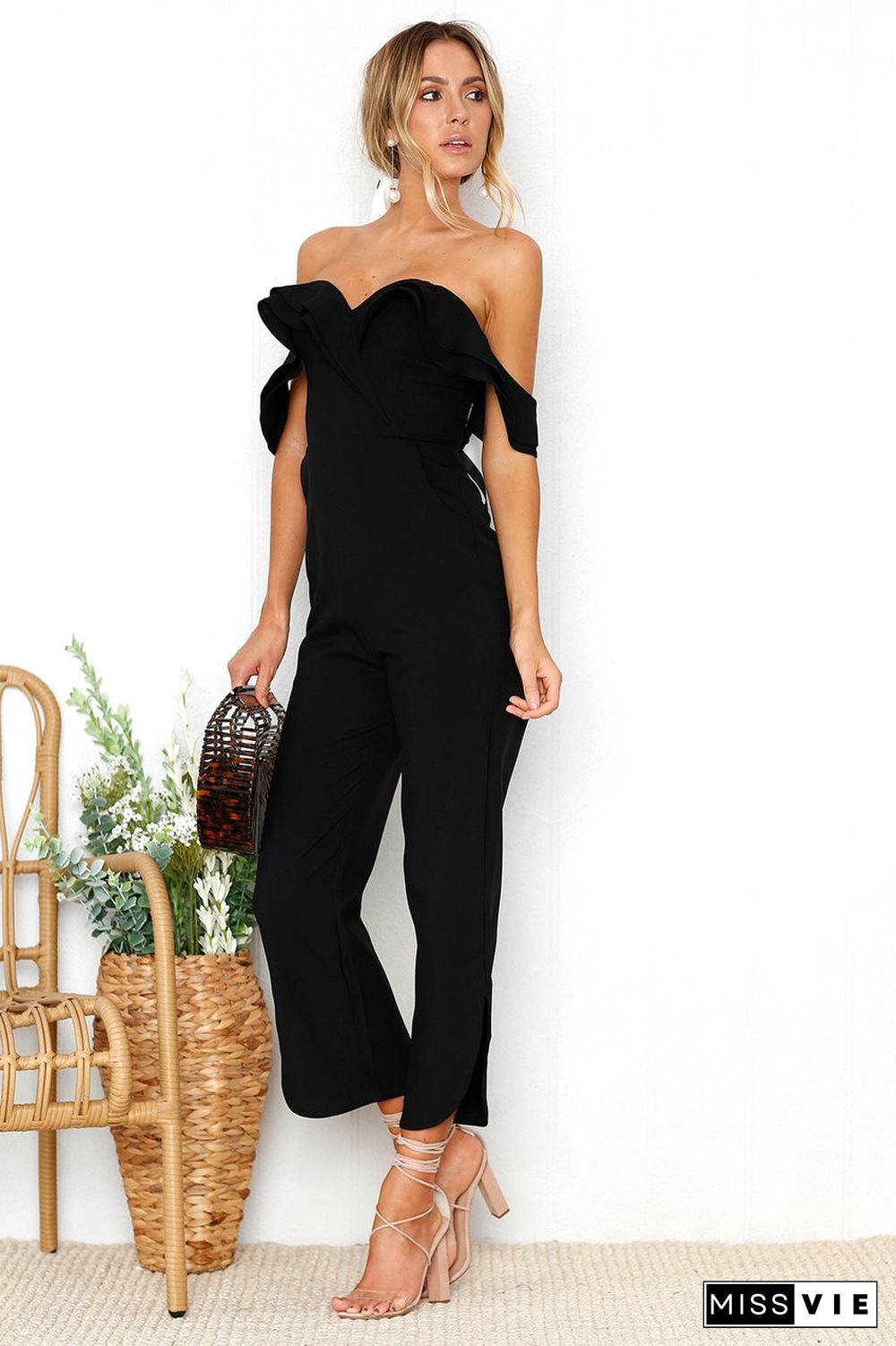 Black Sleeveless Plain Casual Off Shoulder Zip Back Jumpsuit