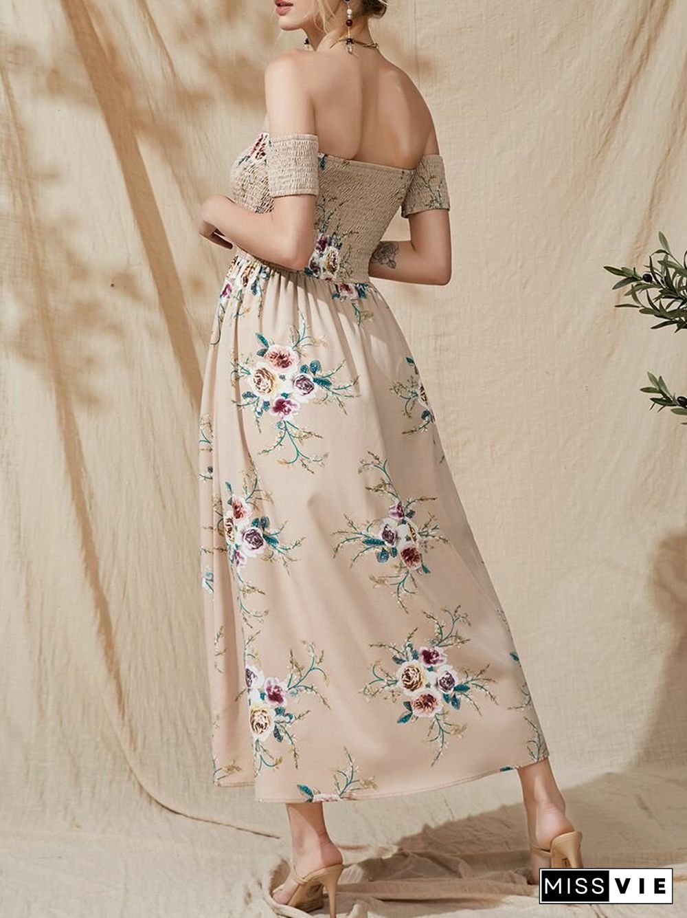 Flower Print Short Sleeve Asymmetrical Hem Maxi Dress