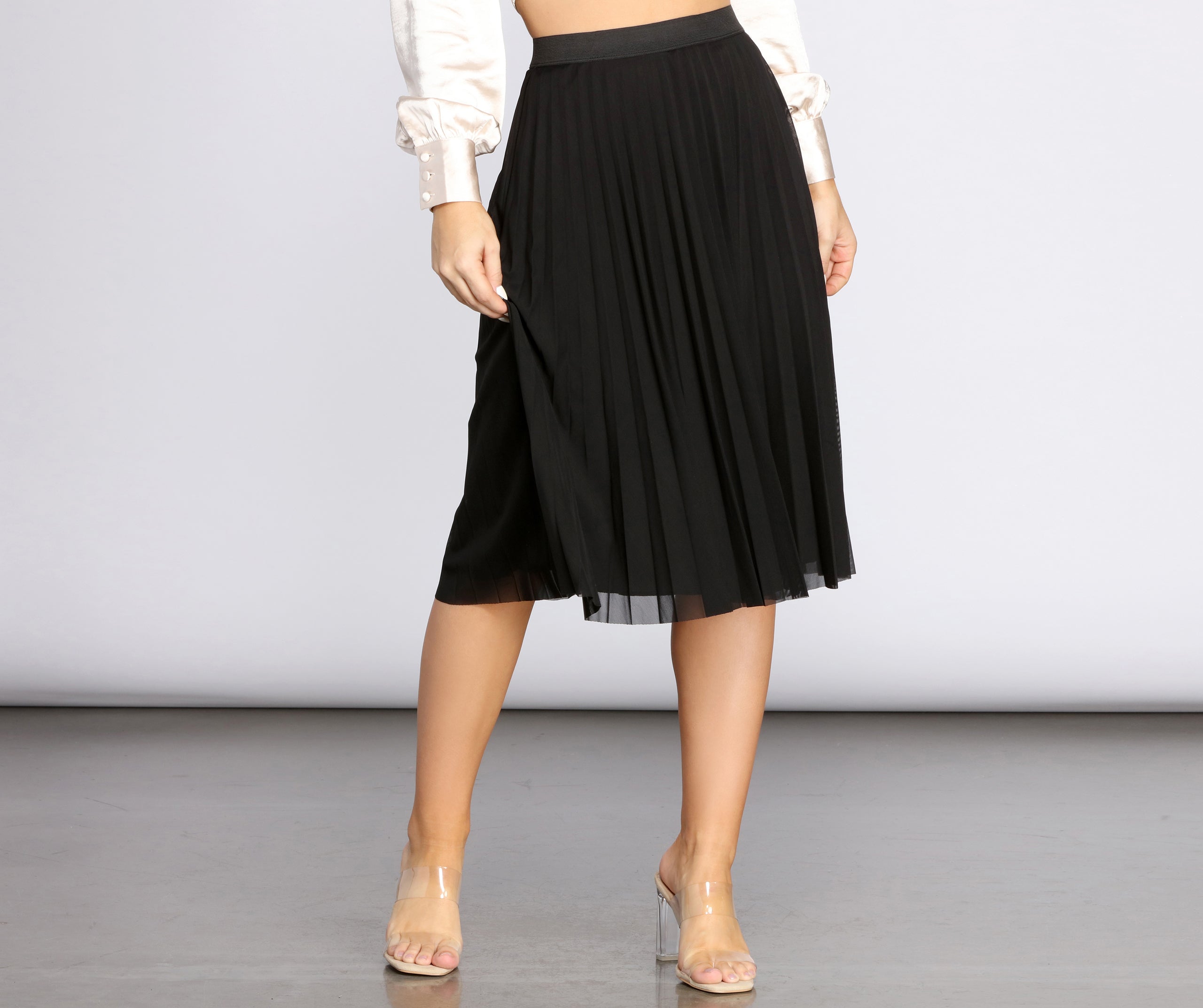 Pleated Mesh Midi Skirt