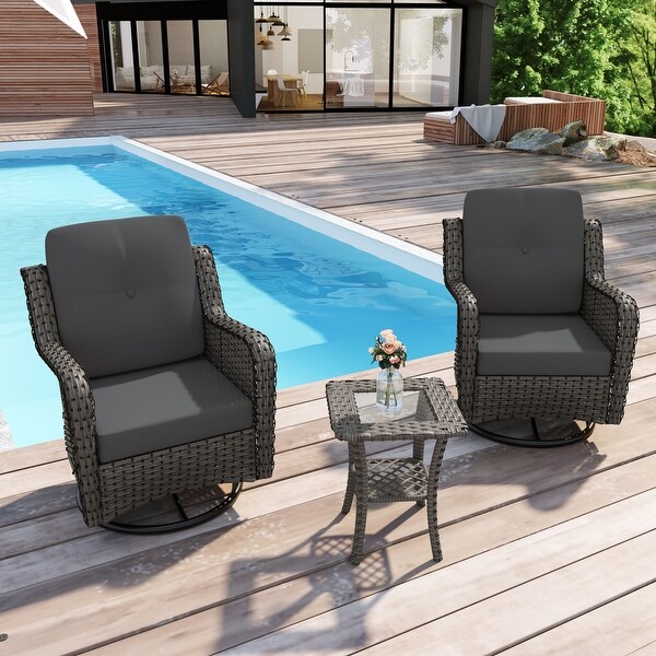 Outdoor 3 Pieces Rattan Wicker Bistro Set Swivel Rocker With Cushion and Table