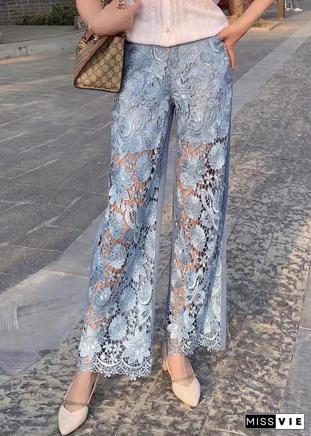 Beautiful Blue Lace Patchwork High Waist Wide Leg Jeans Summer