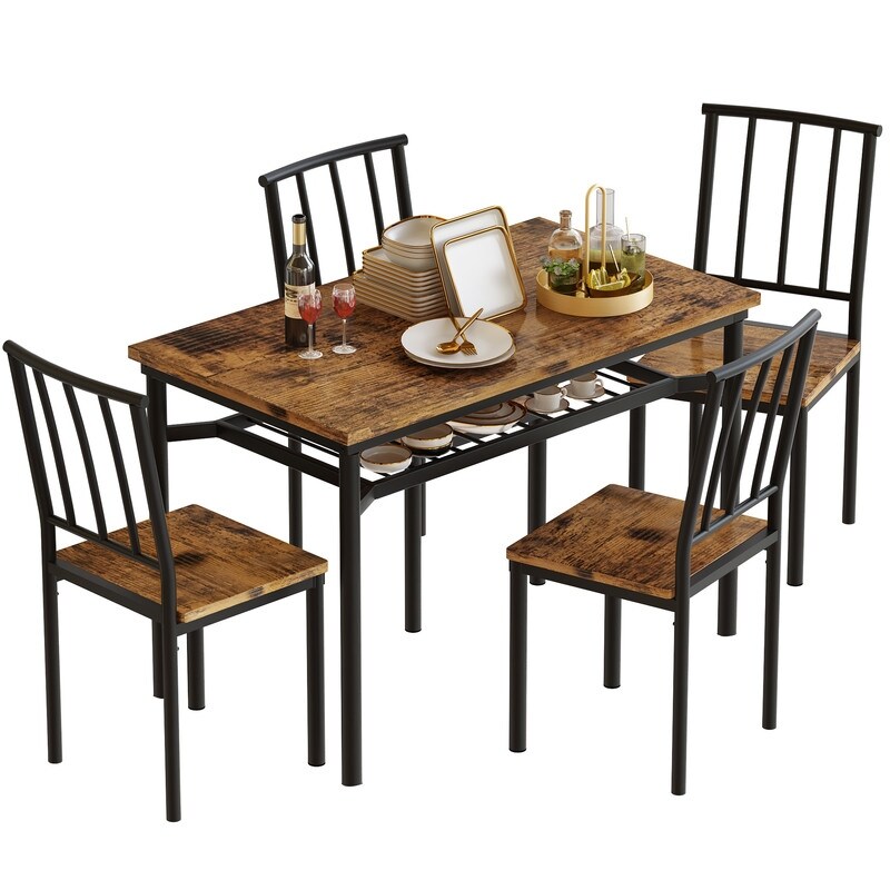 Modern Industrial Dining Table Set for 4  5 Piece Wood Kitchen Table and Chairs  Dining Room Table Set with Storage Rack