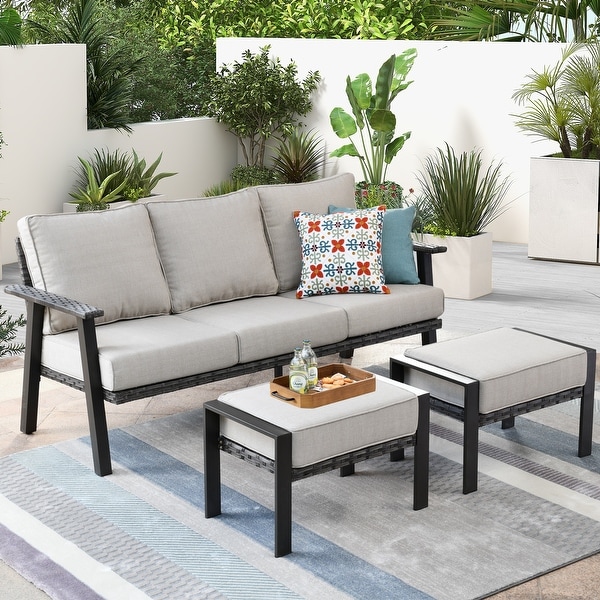 OVIOS Outdoor 3piece Wicker Sectional Sofa Set With Ottoman Steel Frame