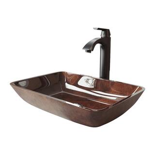 VIGO Glass Rectangular Vessel Bathroom Sink in RedBrown Fusion with Linus Faucet and Pop-Up Drain in Antique Rubbed Bronze VGT1600