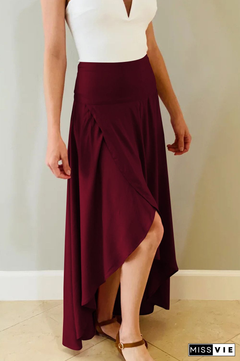 High Waist Plain Split Ruffle Skirt Dress