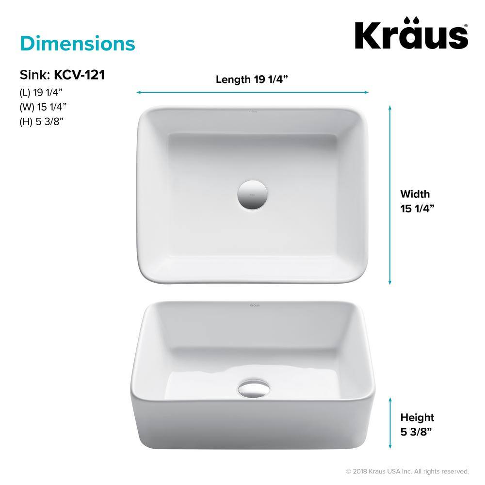 KRAUS Elavo Modern Rectangular Vessel White Porcelain Ceramic Bathroom Sink 19 inch (2-Pack) KCV-121-2PK