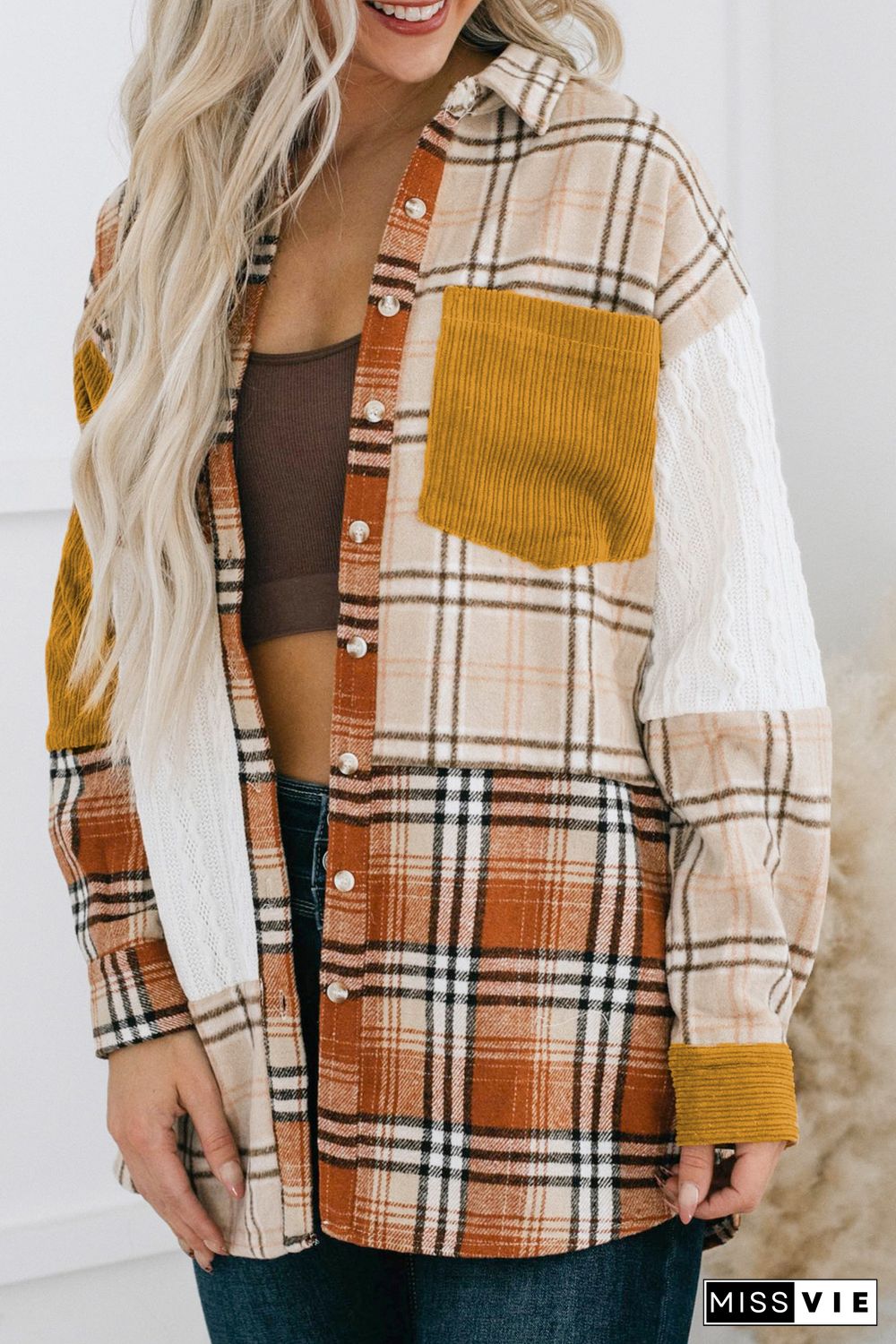 Orange Plaid Color Block Patchwork Shirt Jacket with Pocket