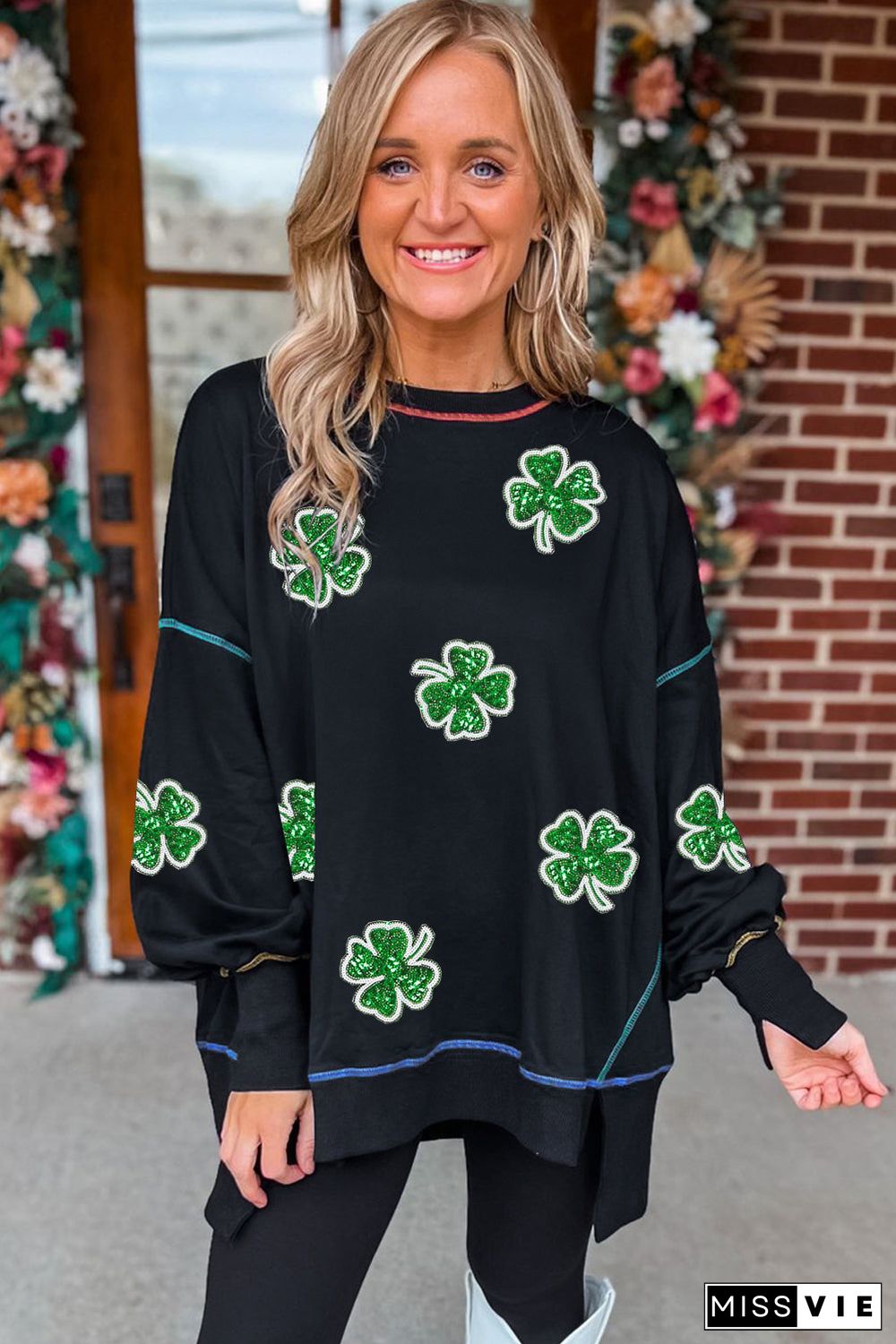 Black Sequin Clover Exposed Seam Split Lantern Sleeve Sweatshirt