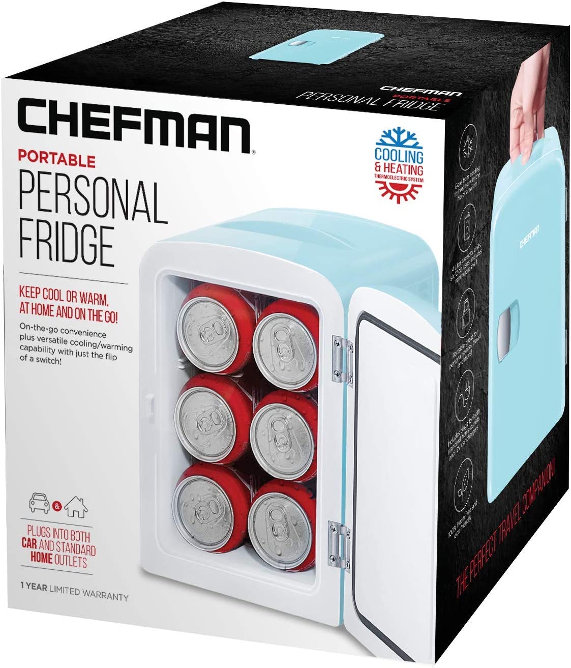 Chefman Mini Portable Blue Personal Fridge Cools Or Heats and Provides Compact Storage For Skincare， Snacks， Or 6 12oz Cans W/ A Lightweight 4-liter Capacity To Take On The Go