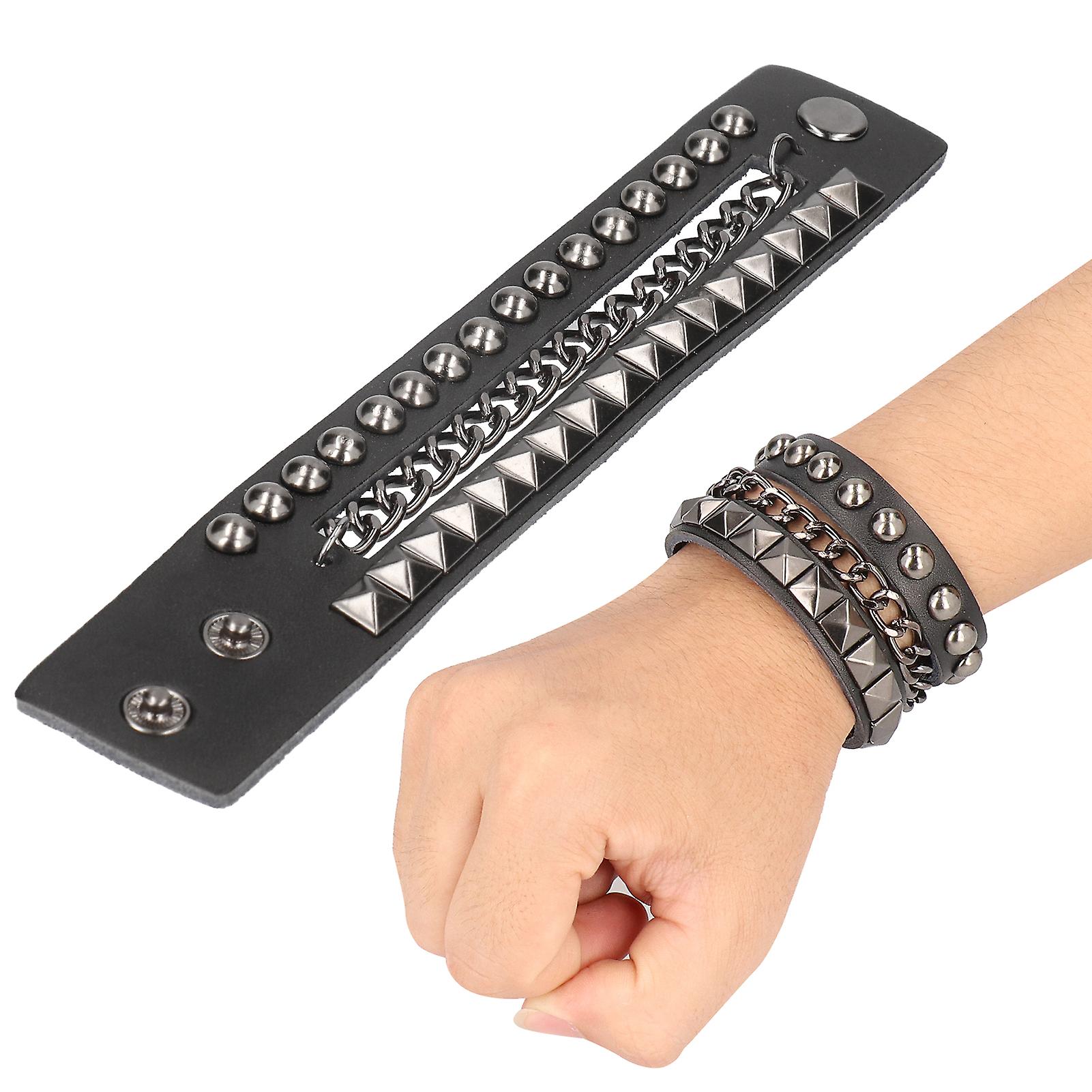 2pcs Punk Wristband Vintage Multilayer Rivet Motorcycle Faux Leather Cuff Bracelets