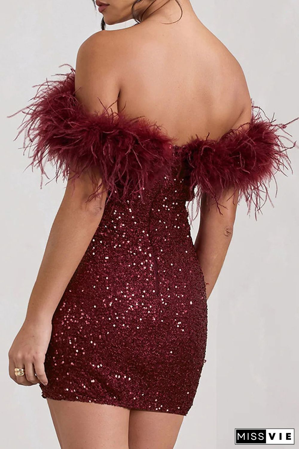 Sexy Solid Sequins Feathers Off the Shoulder Wrapped Skirt Dresses