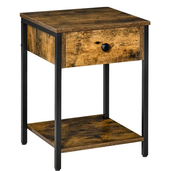 HOMCOM Industrial Side Table with Storage Shelf， Accent Table with Drawer for Living Room， or Bedroom， Rustic Brown