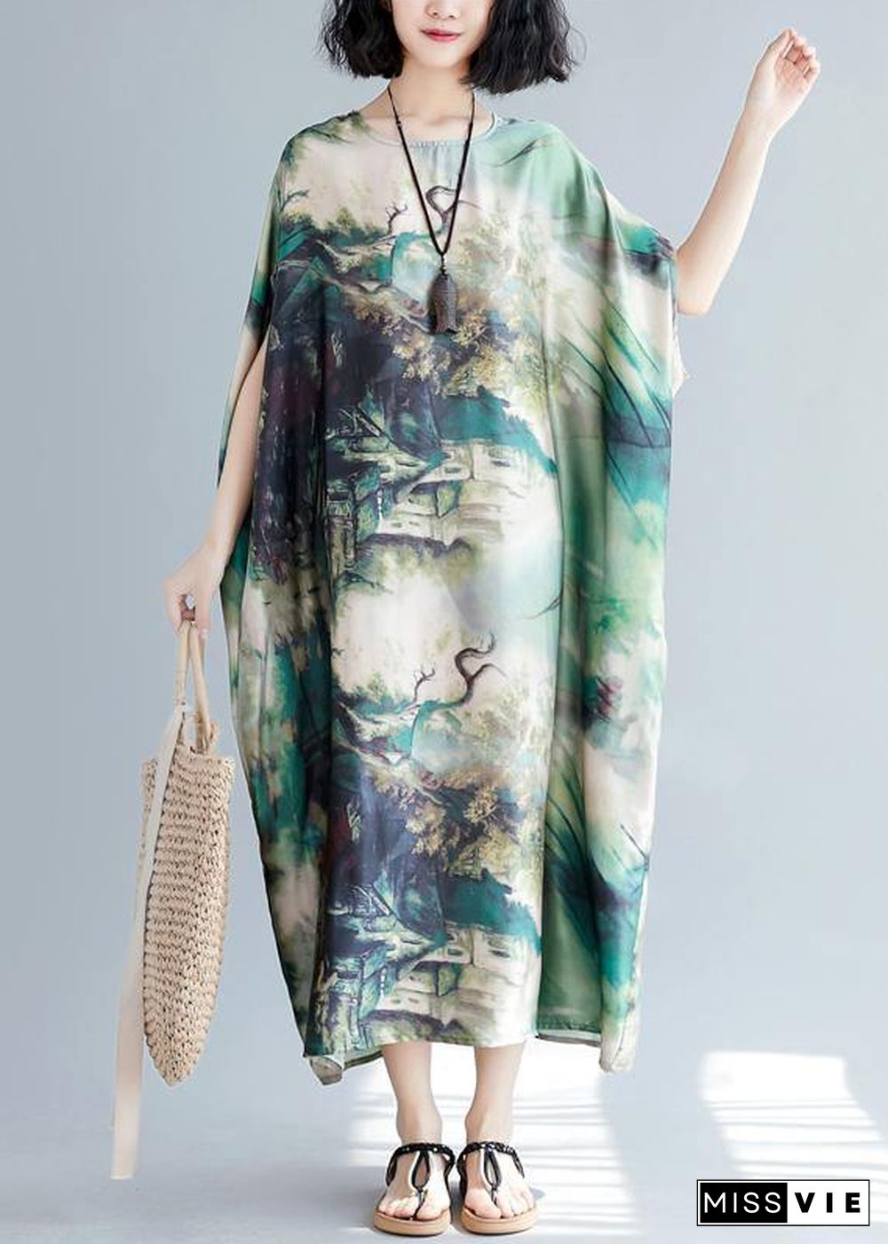 French green print clothes Women o neck batwing sleeve Traveling summer Dresses