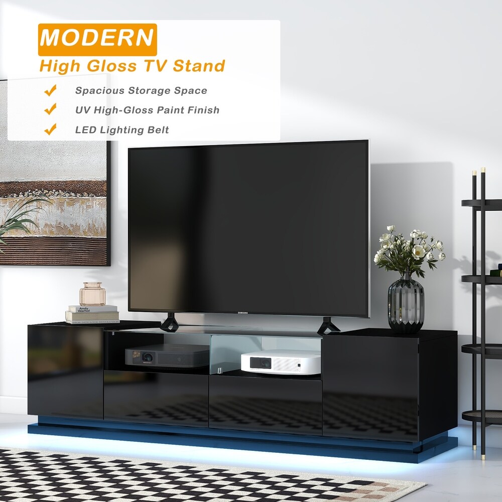 TV Stand with Tempered Glass  Modern High Gloss Entertainment Center for TVs Up to 70\