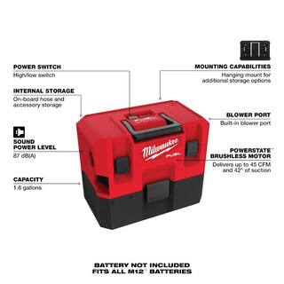 MW M12 FUEL 12-Volt Lithium-Ion Cordless 1.6 Gal. WetDry Vacuum with M12 XC Battery Pack 4.0 Ah and Charger Starter Kit 0960-20-48-59-2440