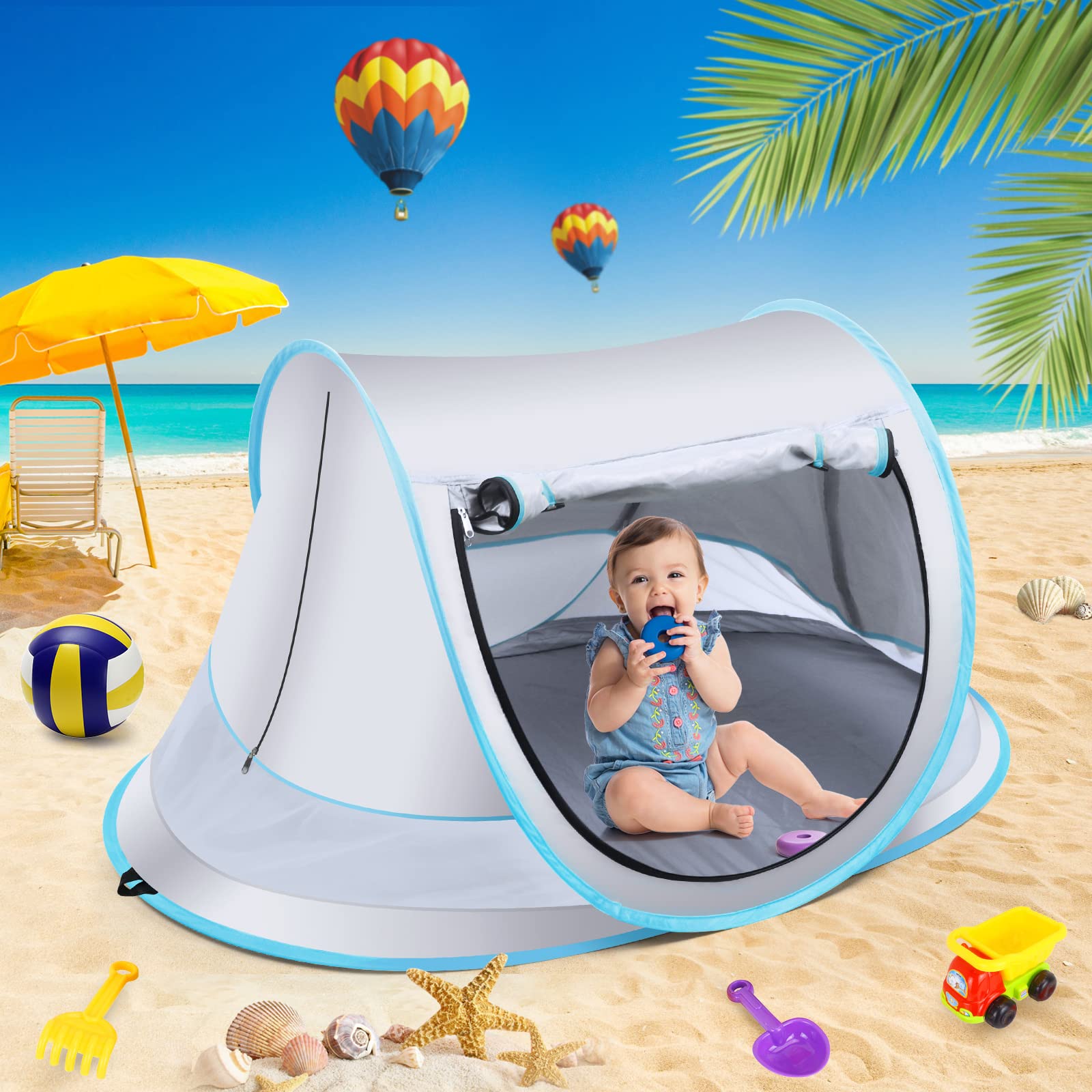 IMMEKEY Baby Beach Tent，Large Pop Up Sun Shade for Beach，Portable Baby Travel Tent with Mosquito Net，UPF 50+ UV Protection Sun Shelters for Infants Gray