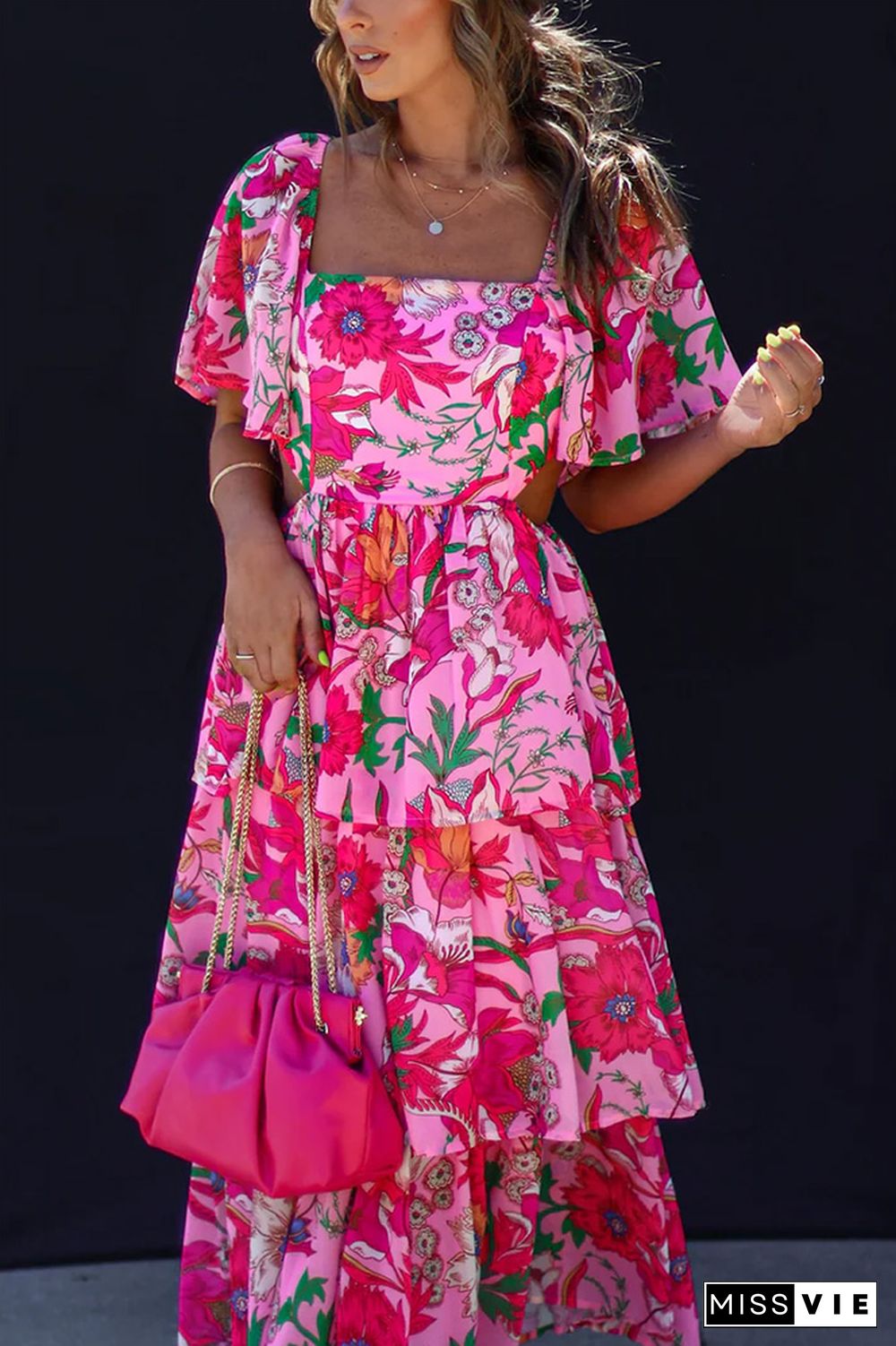 Square Neck Waist Cut Out Floral Dress