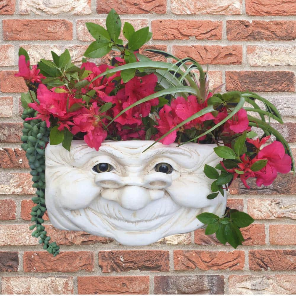 HOMESTYLES Grandma Violet Ant. 10.5 in. White the Muggly Face Statue Tree and Patio Resin Wall Planter 39845