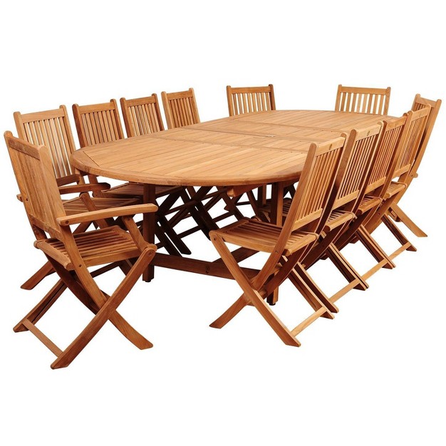 Highland Park 13pc Patio Teak Wood Double extendable Oval Dining Set International Home Miami