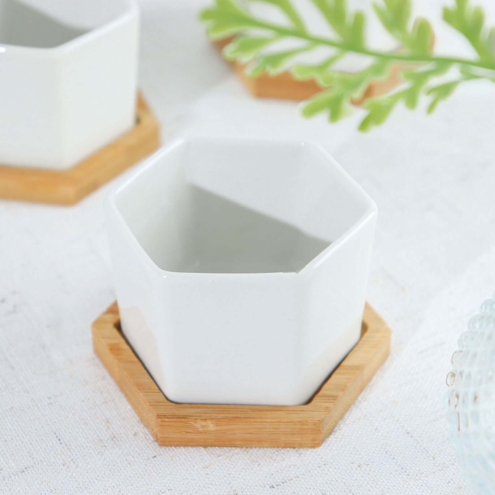 6 Pack White Geometric Hexagon Ceramic Planter Pots, Bamboo Tray Base w/ Drainage Hole, Cactus and Succulent Planters With Removable Bottom 3