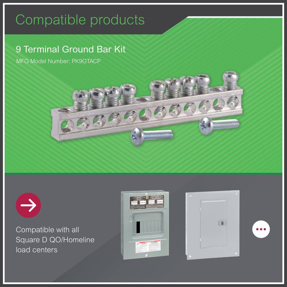 Square D 9 Terminal Ground Bar Kit for QOHomeline Electrical PanelLoad Center PK9GTACP