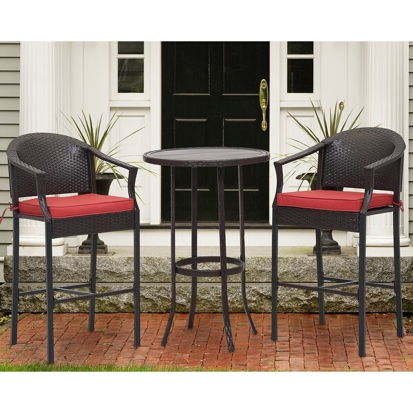 3-Piece Outdoor Wicker Patio Bar Stools with Table Set - Overstock - 35738808