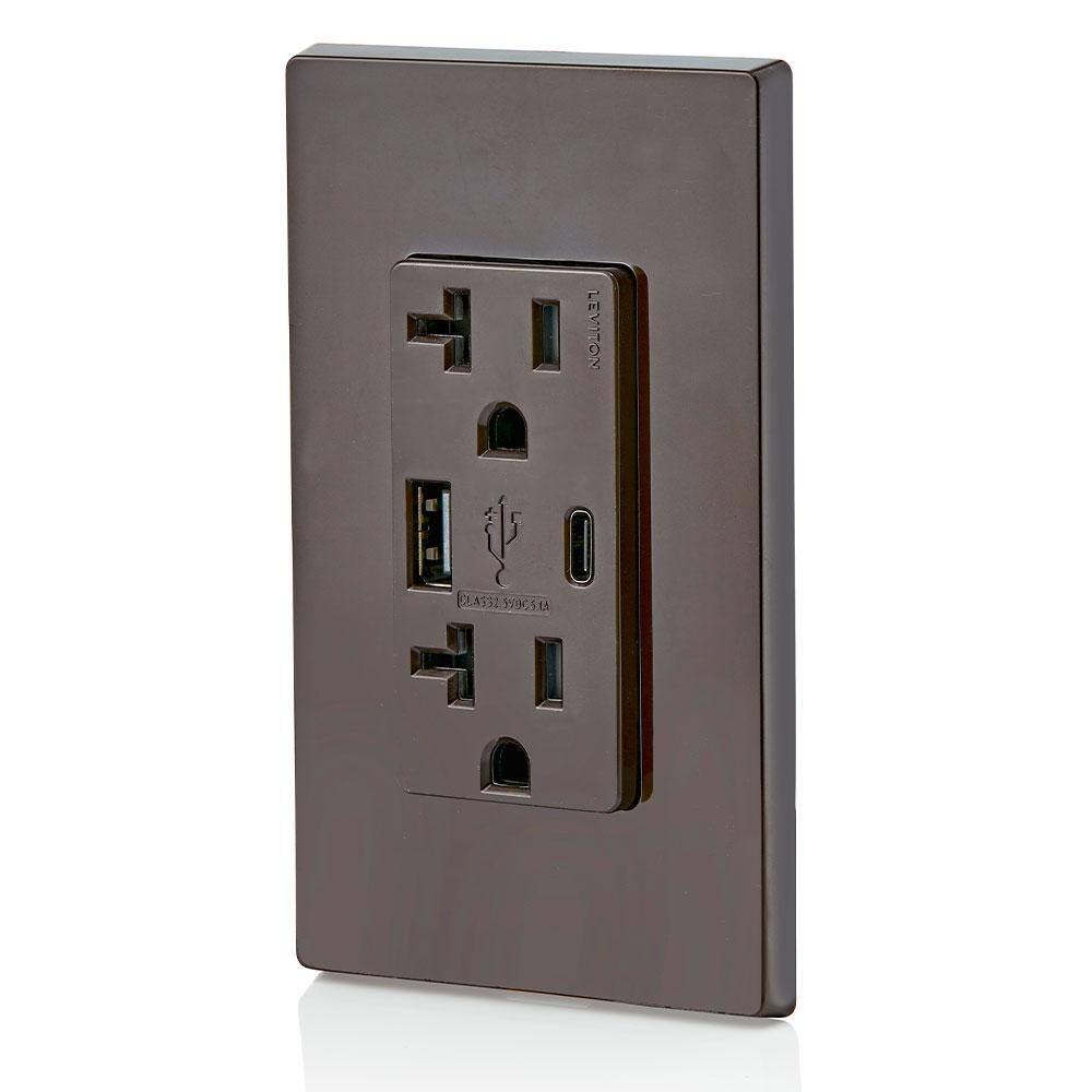 Leviton 20 Amp Type A and Type-C USB ChargerTamper Resistant Receptacle Brown T5833-B