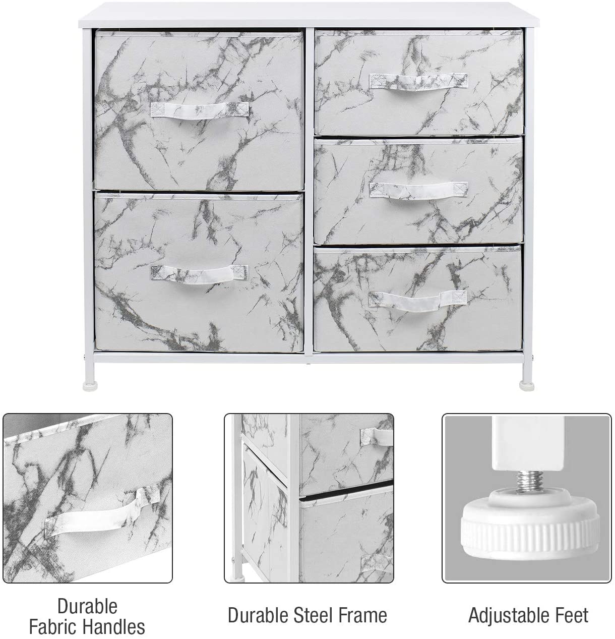 Sorbus Dresser with 5 Drawers- White Frame, White Marble Drawers