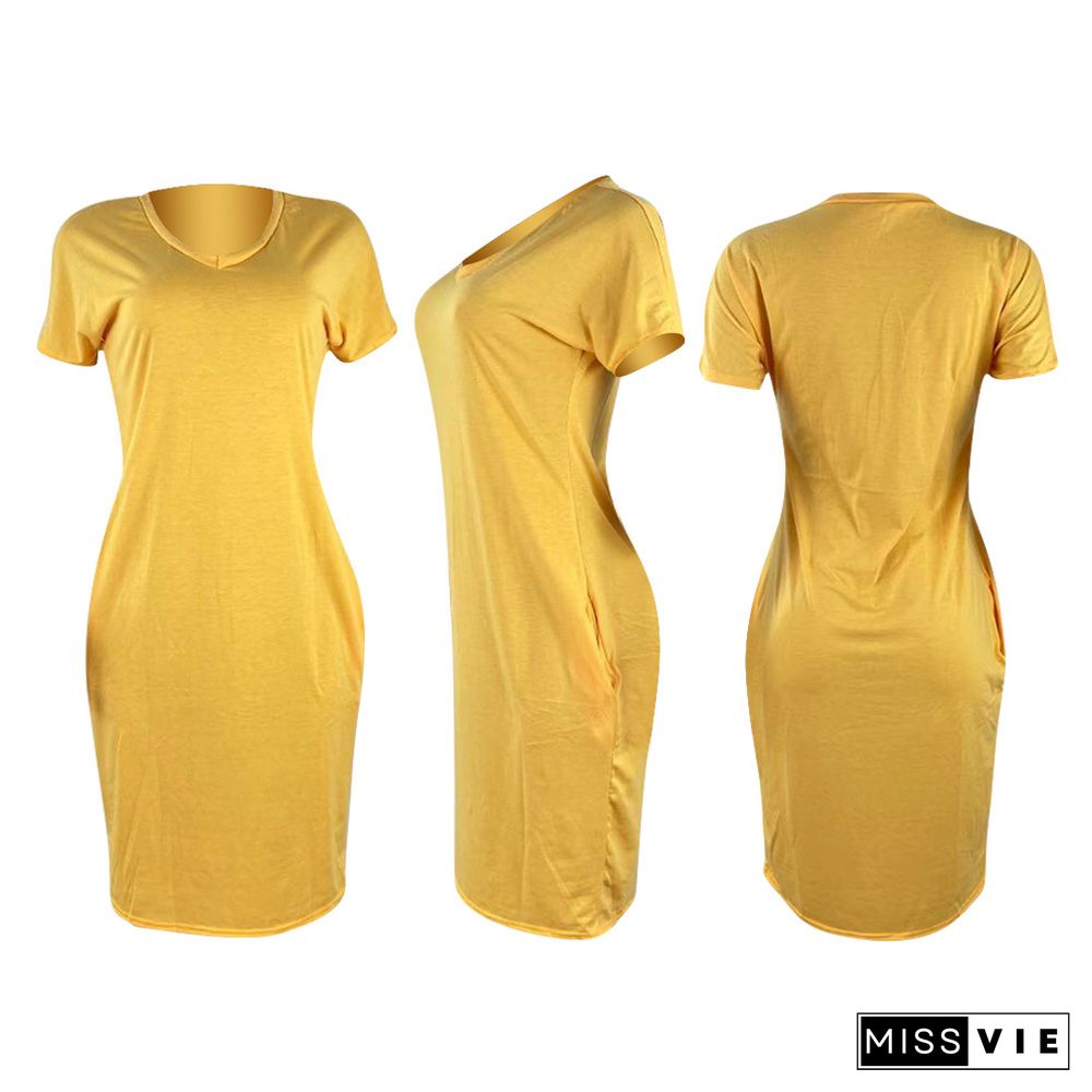 Summer Solid Color Short Sleeve V Neck Loose T Shirt Dress