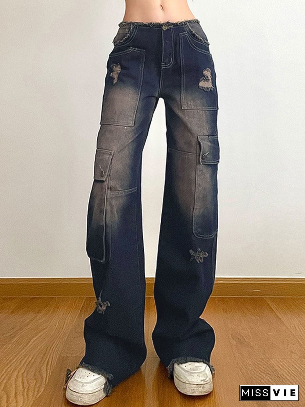 Asymmetric Pocket Distressed Ripped Burr Cargo Jeans