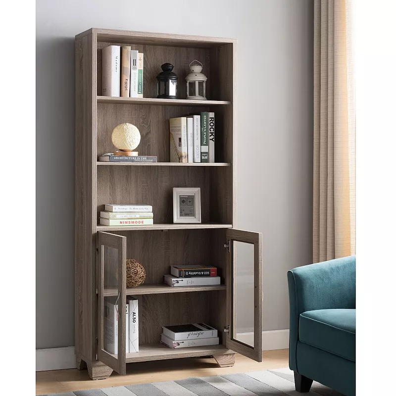 FC Design  Dark Taupe Bookcase Display with 3 Shelves and 2 Door Cabinet Storage