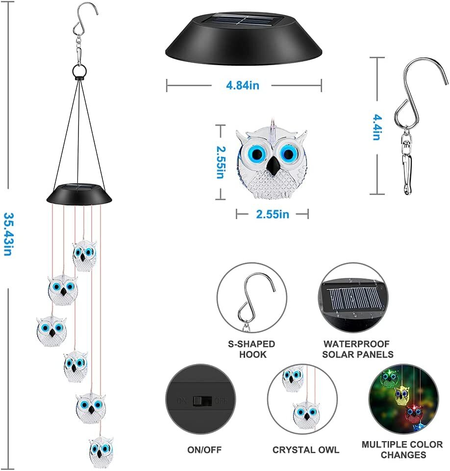 Welltop Solar Wind Chimes， Owl LED Solar Powered Wind Chimes Lamp Color Changing Waterproof Garden Chimes with Hook for Outdoor Indoor Patio Yard