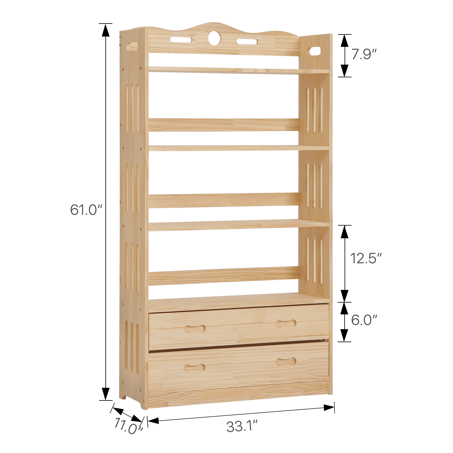 MoNiBloom Wood 5 Shelves 2 Drawers Bookshelf, Books Toys Organizer Bookcase, Natural, for Home