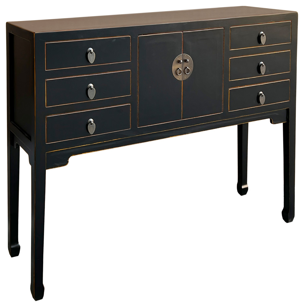 Oriental Black Lacquer Tall Moon Face 6 Drawers Slim Foyer Table Hcs7567   Asian   Console Tables   by Golden Lotus Antiques  Houzz