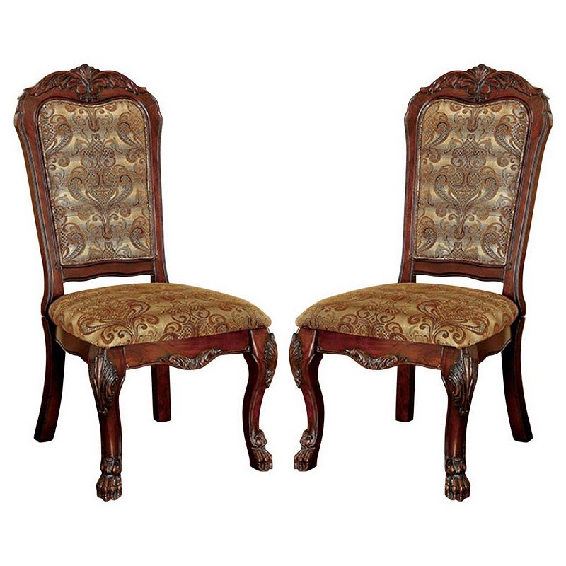 Fabric Padded Side Chairs with Wooden Claw Feet， Set of 2， Cherry Brown