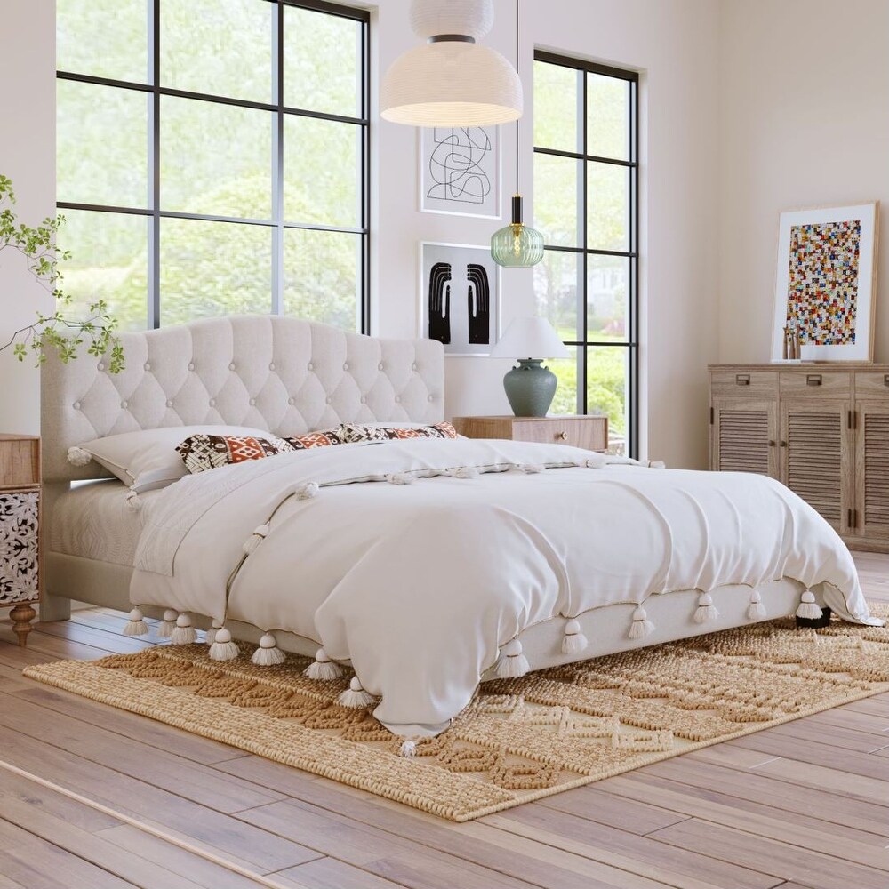 Modern Platform Bed Frame Wood Slat Diamond Tufted Headboard Sturdy