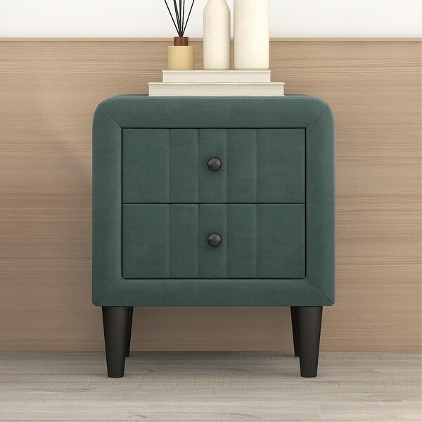 Modern Upholstered Wooden Nightstand with 2 Drawers， Velvet Bedside End Table with Knobs， Green - - 37970234