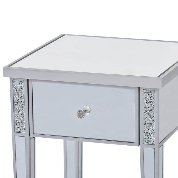 Modern Glass Mirrored End Table with Drawer， Corner Table with Crystal Handles and Adjustable Height Legs